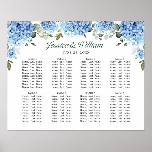 Blue Hydrangea Floral 8 Tables SITZENSTRUKTUR Poster (Vorne)