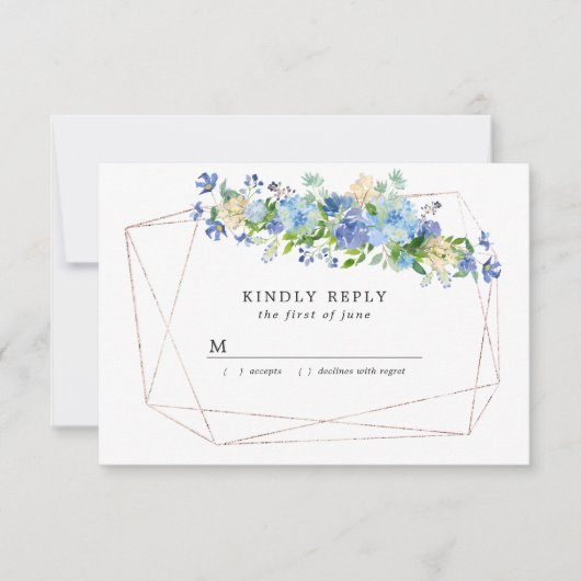 Blue Hydrangea Floral auf goldgeometrischen Rahmen RSVP Karte (Vorderseite)
