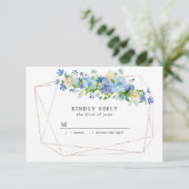 Blue Hydrangea Floral auf goldgeometrischen Rahmen RSVP Karte (Stehend Vorderseite)
