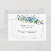 Blue Hydrangea Floral auf goldgeometrischen Rahmen RSVP Karte (Vorne/Hinten)