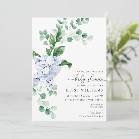 Blue Hydrangea Floral Baby Dusche Einladung (Stehend Vorderseite)