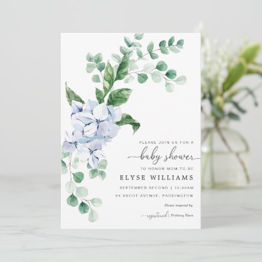 Blue Hydrangea Floral Baby Dusche Einladung (Stehend Vorderseite)