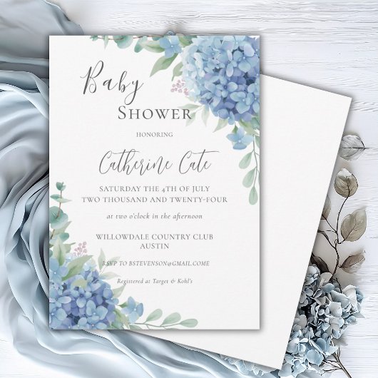 Blue Hydrangea Floral Baby Shower Einladung