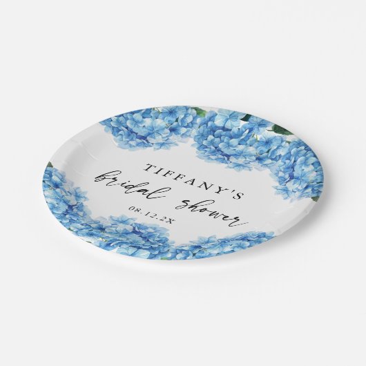 Blue Hydrangea Floral Brautparty Pappteller (Schrägansicht)