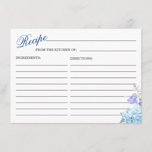 Blue Hydrangea Floral Brautparty Rezept Card Begleitkarte (Vorderseite)