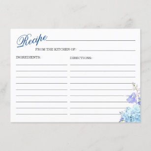 Blue Hydrangea Floral Brautparty Rezept Card Begleitkarte