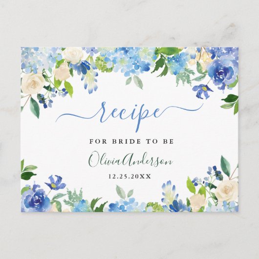 Blue Hydrangea Floral Brautparty Rezept Card Postkarte (Vorderseite)