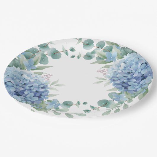 Blue Hydrangea Floral Bridal Shower Pappteller (Schrägansicht)