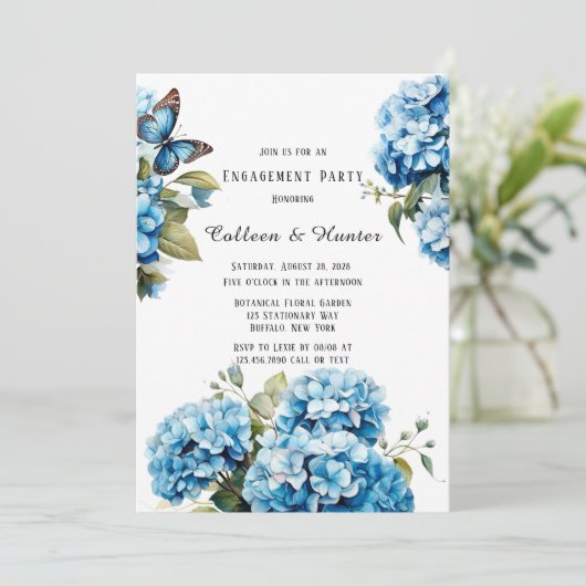 Blue Hydrangea Floral Butterfly Engagement Party Einladung (Stehend Vorderseite)