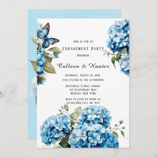 Blue Hydrangea Floral Butterfly Engagement Party Einladung (Vorne/Hinten)