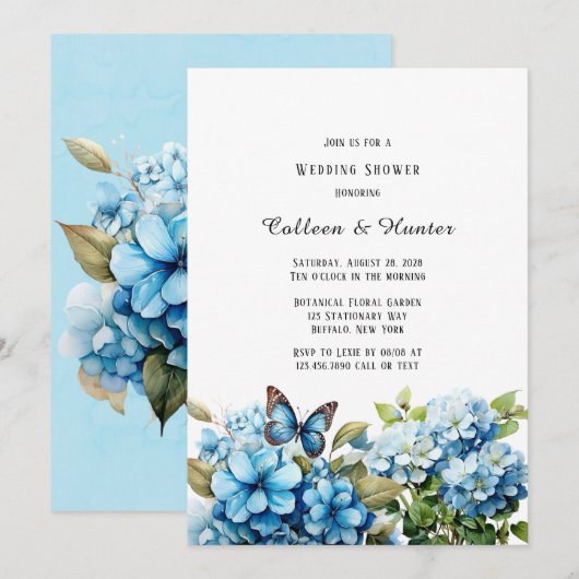 Blue Hydrangea Floral Butterfly Polterabend Einladung (Vorne/Hinten)