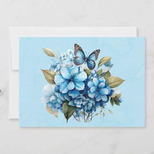Blue Hydrangea Floral Butterfly Probe Abendessen Einladung (Rückseite)