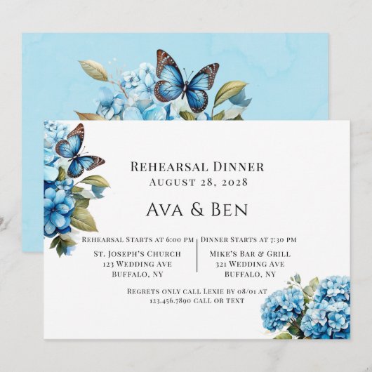 Blue Hydrangea Floral Butterfly Probe Abendessen Einladung (Vorne/Hinten)