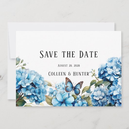 Blue Hydrangea Floral Butterfly Save the Date Kart Einladung (Vorderseite)