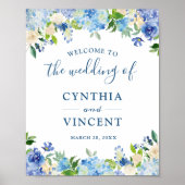 Blue Hydrangea Floral Chic Wedding Willkommenszeic Poster (Vorne)
