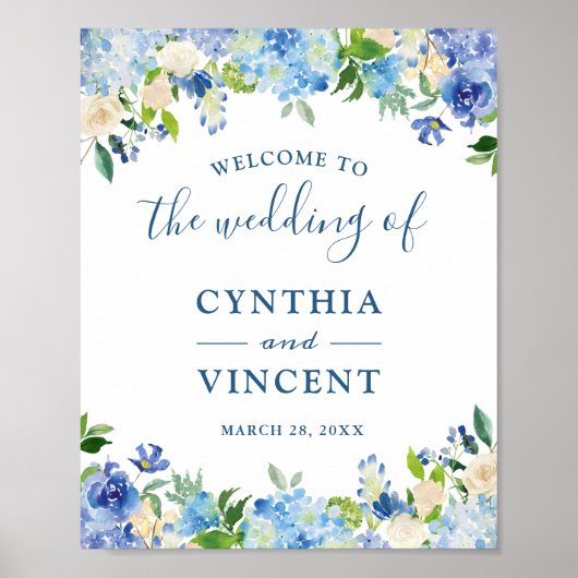 Blue Hydrangea Floral Chic Wedding Willkommenszeic Poster (Vorne)