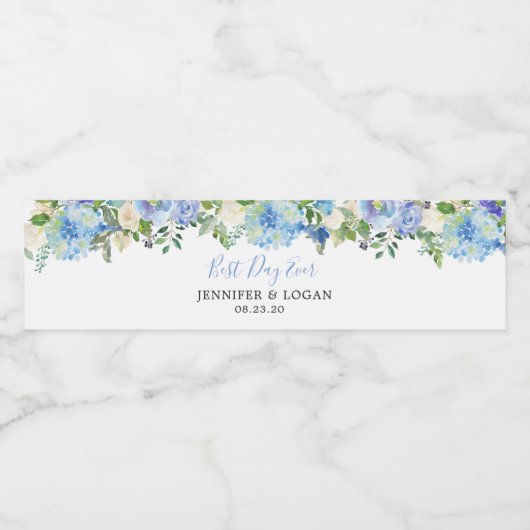 Blue Hydrangea Floral Hochzeitwasser Flasche Etike Wasserflaschenetikett (Einzelnes Label)