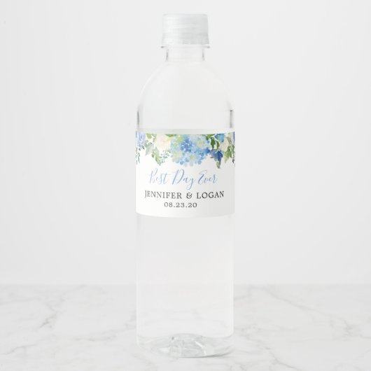 Blue Hydrangea Floral Hochzeitwasser Flasche Etike Wasserflaschenetikett (Vorderseite)