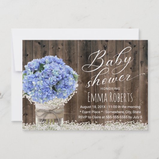 Blue Hydrangea Floral Jar Barn Wood Baby Dusche Einladung (Vorderseite)
