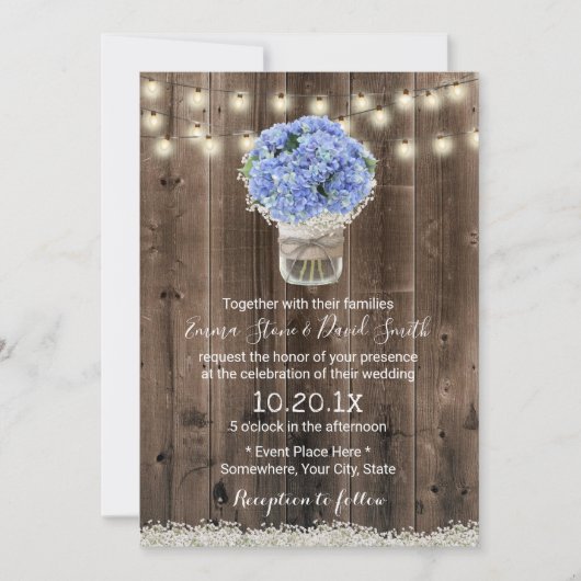 Blue Hydrangea Floral Jar Rustic Barn Wood Wedding Einladung (Vorderseite)