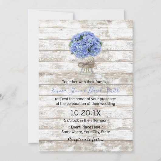 Blue Hydrangea Floral Jar Rustic Wood Wedding Einladung (Vorderseite)