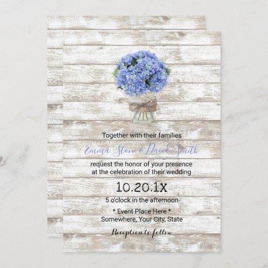 Blue Hydrangea Floral Jar Rustic Wood Wedding Einladung (Vorne/Hinten)