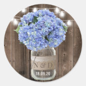 Blue Hydrangea Floral Jar Rustic Wood Wedding Runder Aufkleber (Vorderseite)
