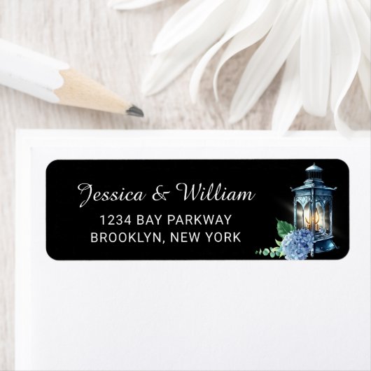 Blue Hydrangea Floral Lantern Black Boho Wedding (Insitu)