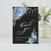 Blue Hydrangea Floral Lantern Black Boho Wedding Dankeskarte (Stehend Vorderseite)