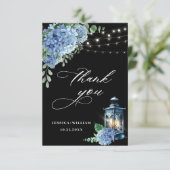 Blue Hydrangea Floral Lantern Black Boho Wedding Dankeskarte (Stehend Vorderseite)