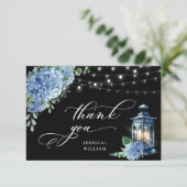 Blue Hydrangea Floral Lantern Black Boho Wedding Dankeskarte (Stehend Vorderseite)