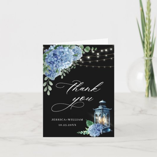 Blue Hydrangea Floral Lantern Black Boho Wedding Dankeskarte (Vorderseite)
