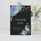Blue Hydrangea Floral Lantern Black Boho Wedding Dankeskarte (Stehend Vorderseite)