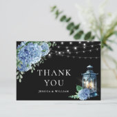 Blue Hydrangea Floral Lantern Black Boho Wedding Dankeskarte (Stehend Vorderseite)
