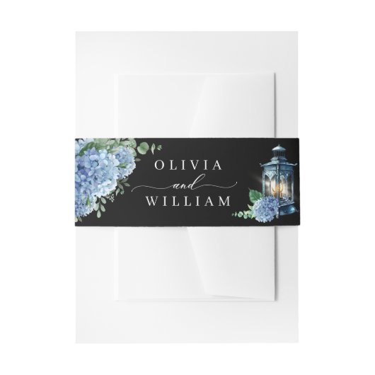 Blue Hydrangea Floral Lantern Black Boho Wedding Einladungsbanderole (Vorderseite Beispiel)