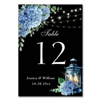 Blue Hydrangea Floral Lantern Black Boho Wedding Tischnummer
