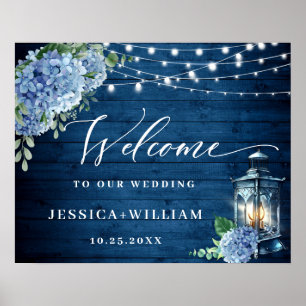 Blue Hydrangea Floral Lantern Holz Begrüßung Hochz Poster