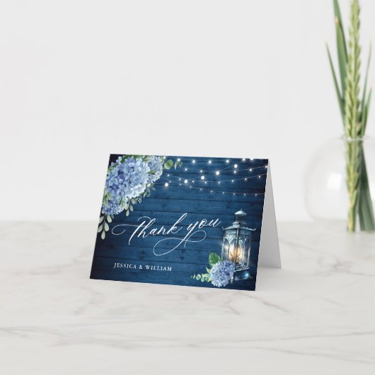Blue Hydrangea Floral Lantern Navy Wood Wedding Dankeskarte (Vorderseite)