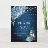 Blue Hydrangea Floral Lantern Navy Wood Wedding Dankeskarte (Vorderseite)