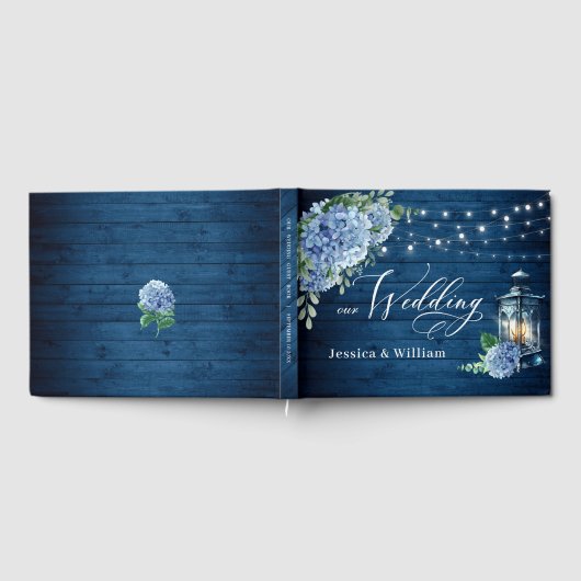 Blue Hydrangea Floral Lantern Navy Wood Wedding Gästebuch (Voll)