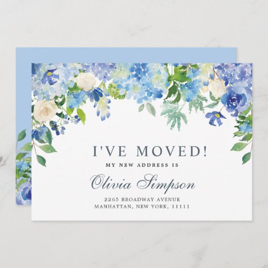 Blue Hydrangea Floral Moving Announcement Cards Ankündigung (Vorne/Hinten)