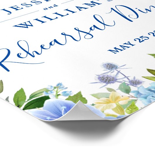 Blue Hydrangea Floral Probe Abendessen Zeichen Poster (Ecke)