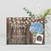 Blue Hydrangea Floral Rustic Wood Foto Rentirement Einladung (Stehend Vorderseite)