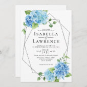 Blue Hydrangea Floral Silver Elegante Hochzeit Einladung (Vorne/Hinten)