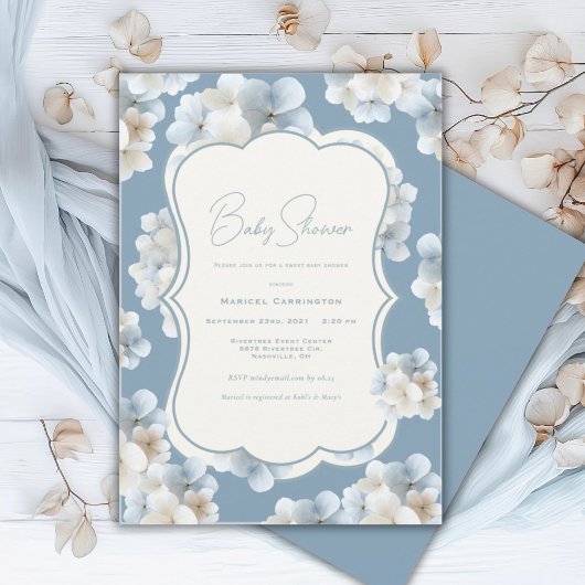 Blue Hydrangea Floral Vintage Baby Shower Einladung