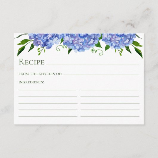 Blue Hydrangea Floral Watercolor Rezept Card Begleitkarte (Vorderseite)