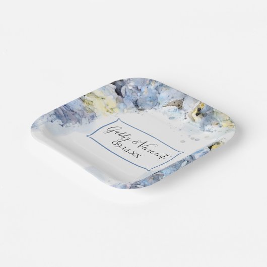 Blue Hydrangea Floral Watercolor Wedding Pappteller (Gewinkelt)
