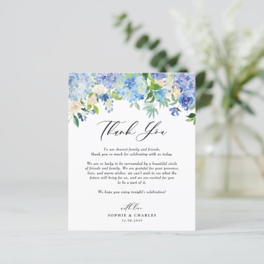Blue Hydrangea Floral Wedding Dankeschön Karte (Stehend Vorderseite)