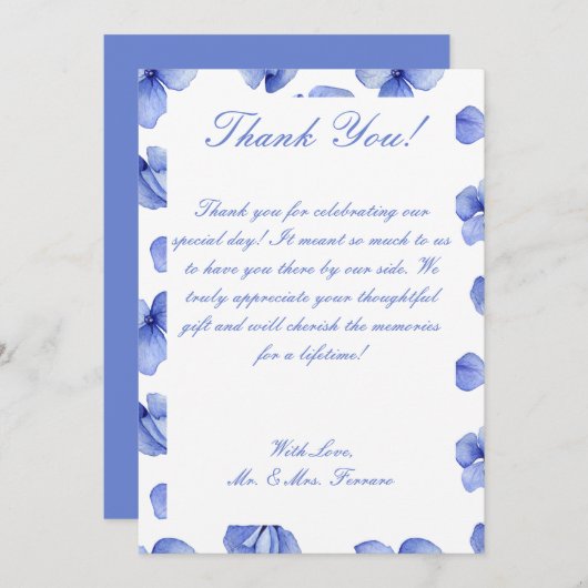 Blue Hydrangea Floral Wedding Dankeskarte (Vorne/Hinten)