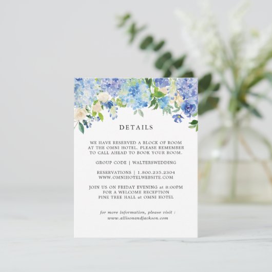 Blue Hydrangea Floral Wedding Details Cards Begleitkarte (Stehend Vorderseite)